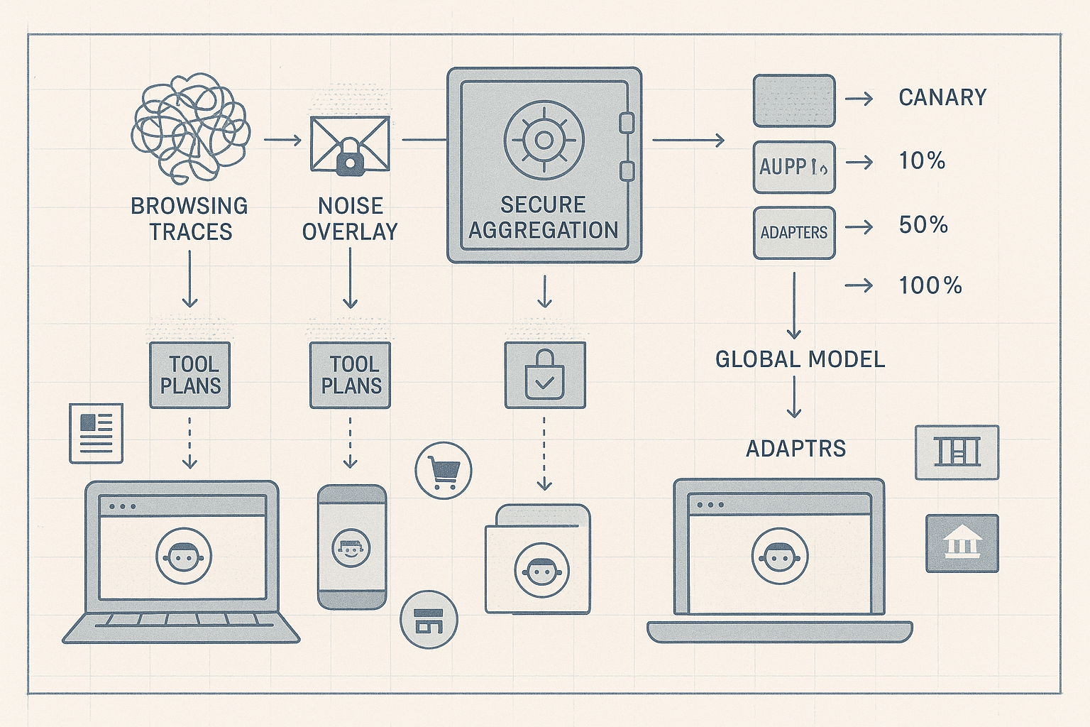 Federated Learning for Agentic Browsers: On-Device Trace Distillation with Differential Privacy and Secure Aggregation