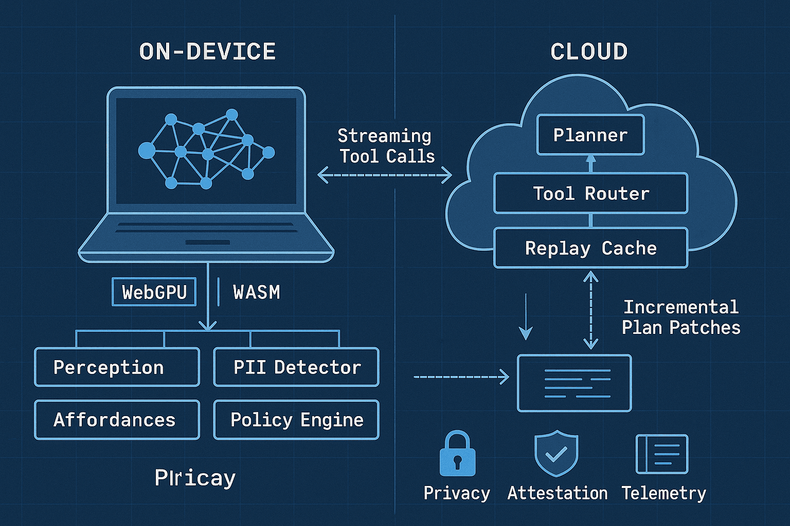 Hybrid OnāDevice + Cloud LLM for Agentic Browsers: WebGPU/WASM Inference, Speculative Plans, and PolicyāGated Escalation