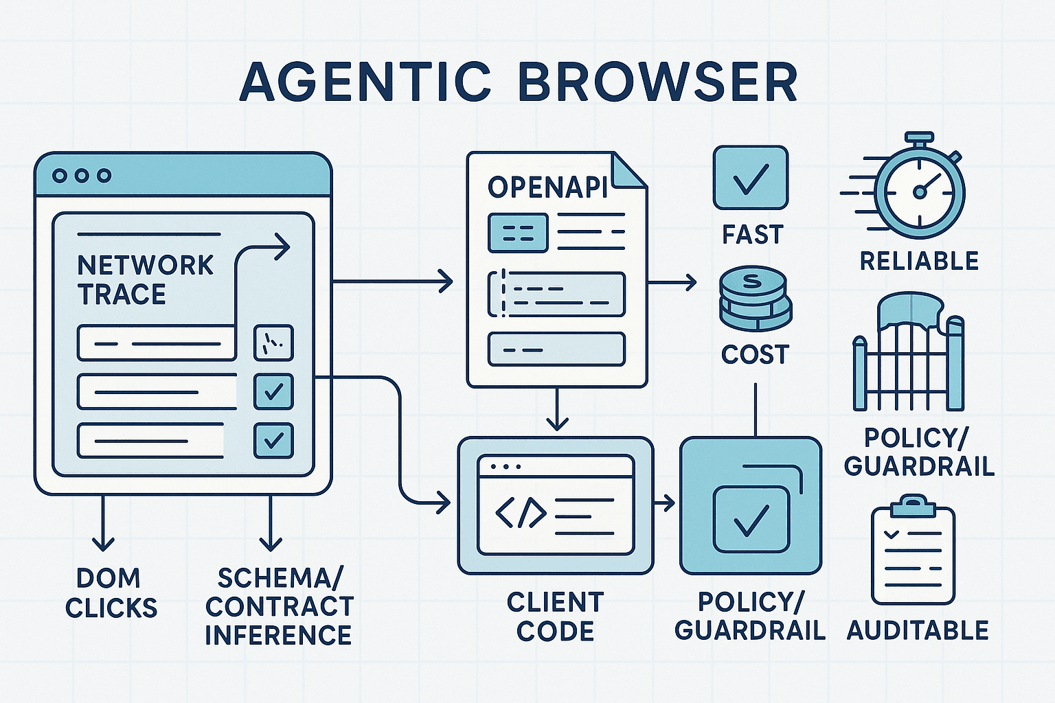 From Clicks to Calls: UI-to-API Pivots for Agentic Browsers via Live Trace Mining, Contract Inference, and Capability-Gated Execution